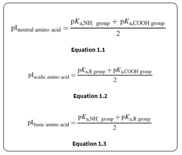 Amino acids with charged side chains, their pI is calculated by averaging the two p K a .