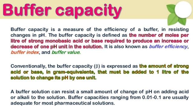 Buffer Capacity: Buffering capacity is a measure of the ability of a buffer to resist changes in pH.