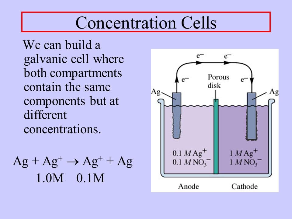 Concentration Cells: A/an concentration cell is a galvanic cell that is comprised of two half-cells with the same electrodes, but differing…