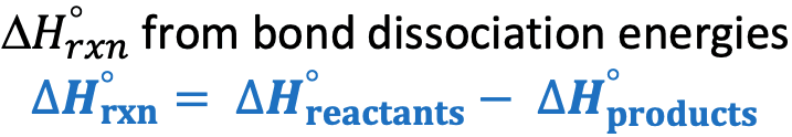 H from bond dissociation energies: Give the formula for ∆H when using bond dissociation energies so bonds broken - bonds formed