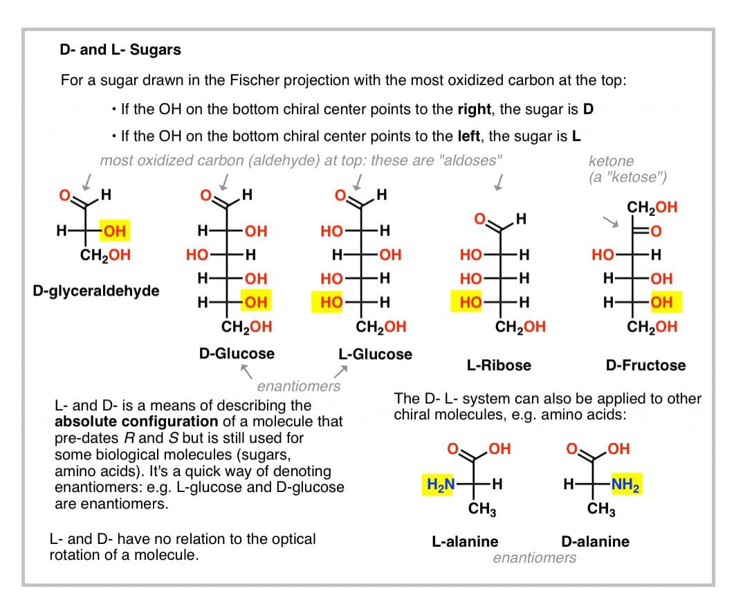 Carbohydrates can be classified based on stereochemistry and are labeled D or L.