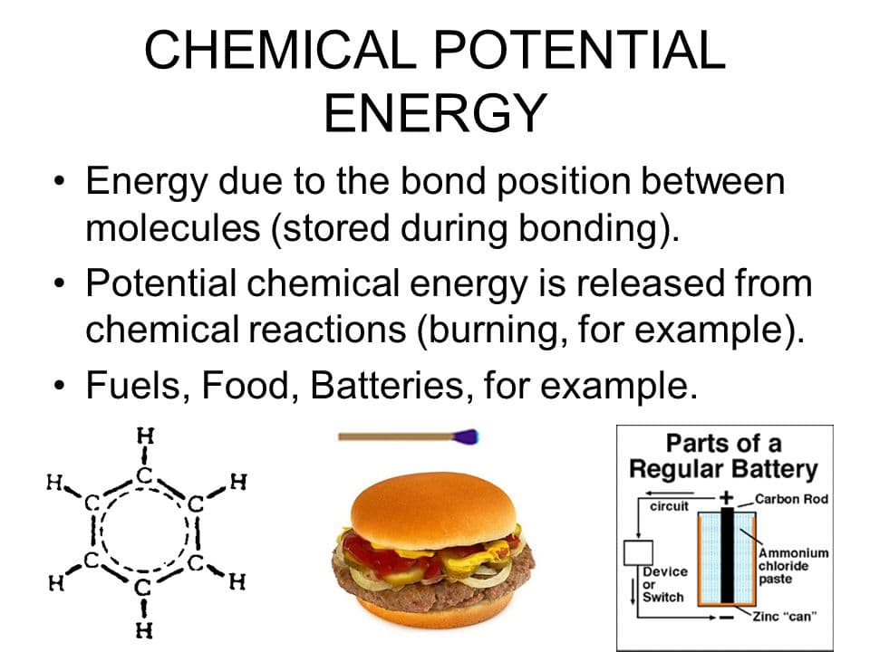 Chemical potential energy is the energy stored in the bonds of compounds