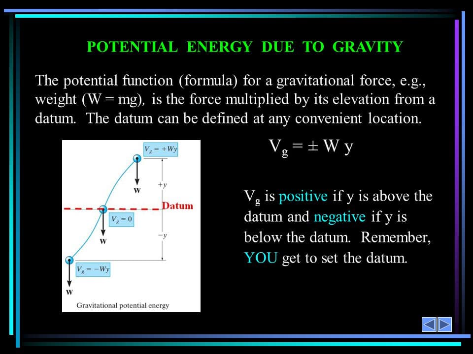 POTENTIAL ENERGY DUE TO GRAVITY: Gravitational potential energy is related to the mass of an object and its height above a zero-point, called a datum.
