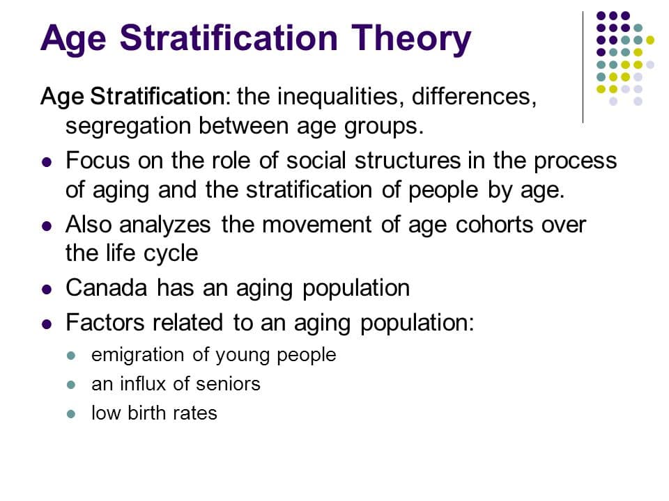 Age stratification refers to the hierarchical ranking of people into age groups within a society. It could also be defi…