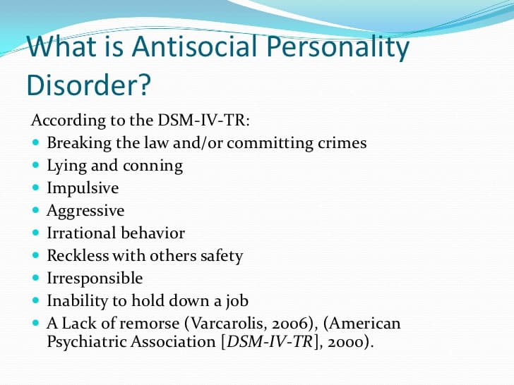 Antisocial personality disorder is a personality disorder characterized by a long term pattern of disregard for, or vio…