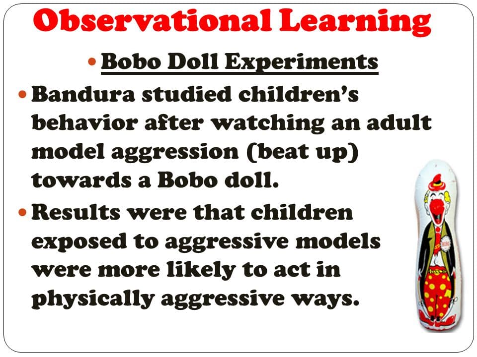 Bobo Doll: Observational learning or modeling is the acquisition of behavior by watching others .