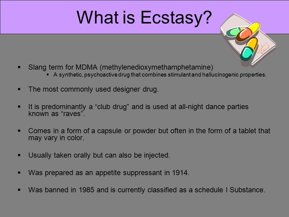 MDMA, commonly known as ecstasy , is a synthetic drug that acts as a stimulant and hallucinogen .
