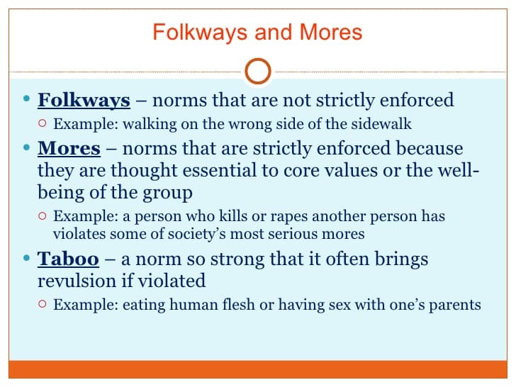 Folkways and Mores: Folkways govern what we think of as right vs rude.