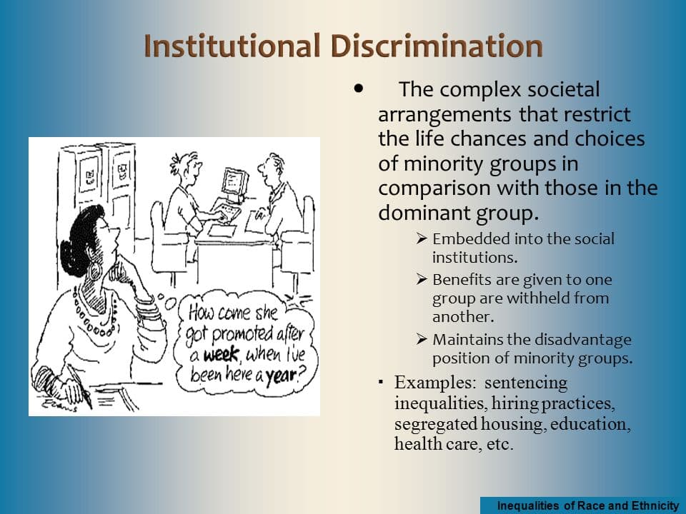 Institutional Discrimination: Institutionalized discrimination refers to the unjust and discriminatory mistreatment of an individual or group of indi…