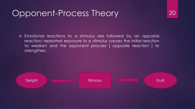 Opponent Process Theory: The opponent-process theory views emotions as pairs of opposites . For example, fear/relief or pleasure/pain .