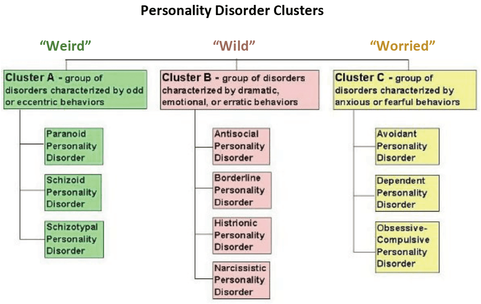 Personality Disorders Chart: Cluster B of the personality disorders is characterized by dramatic, overly emotional or unpredictable thinking or beha…