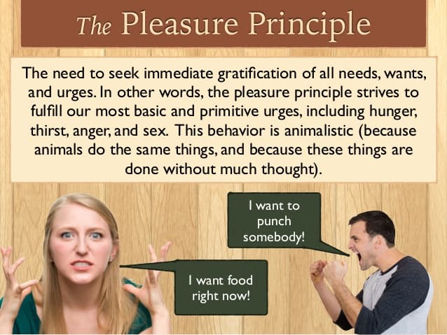 In Freudian psychoanalysis, the pleasure principle is the instinctive seeking of pleasure and avoiding of pain to satis…
