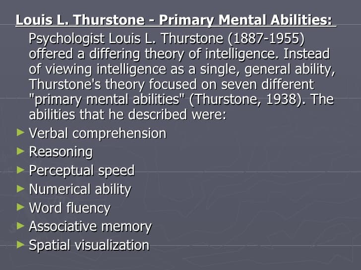 Primary Abilities: The theory of primary mental abilities states that intelligent behavior emerges from 7 independent factors called prima…