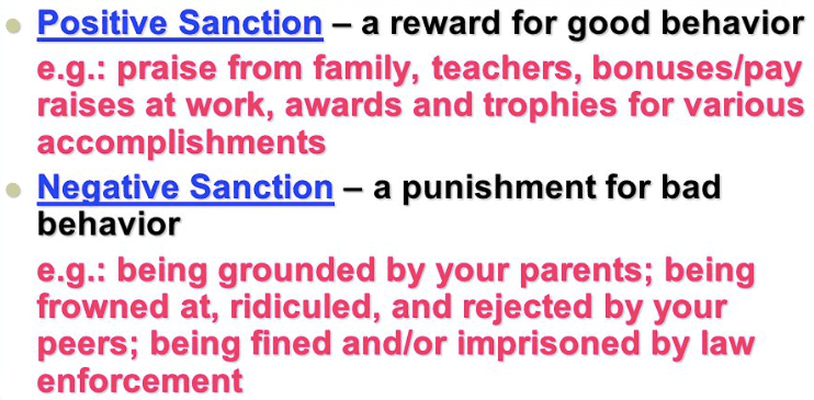 Sanctions Positive vs Negative: Positive sanctions are a reward for good behavior. Negative sanctions are a punishment for bad behavior.