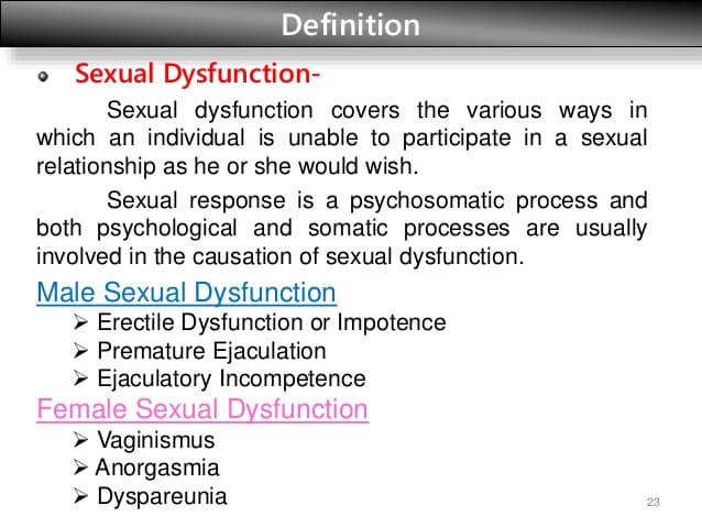 Sexual dysfunction refers to a problem occurring during any phase of the sexual response cycle that prevents the indivi…