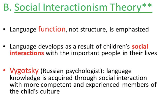 The social interactionist theory of language states that language acquisition is caused by a motivation to communicate…