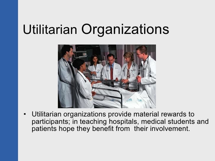 Utilitarian Organizations: A utilitarian organization, also known as a remunerative organization, is a group of individuals who join in order to r…