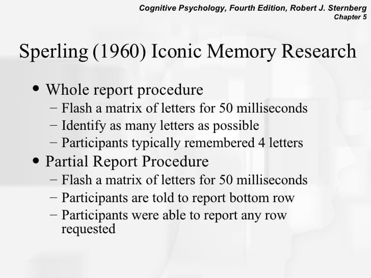 In iconic memory experiments, the whole report technique requires participants to recall as many elements from the orig…