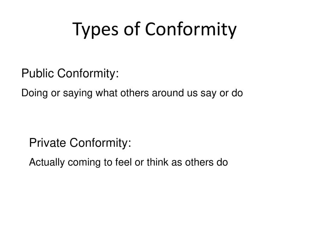Types of Conformity Public Conformity Private Conformity: Public conformity is when you outwardly change beliefs but internally maintain your core beliefs