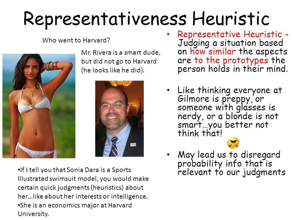 Representativeness heuristic is a decision making heuristic where choices are based on the most representative answer b…